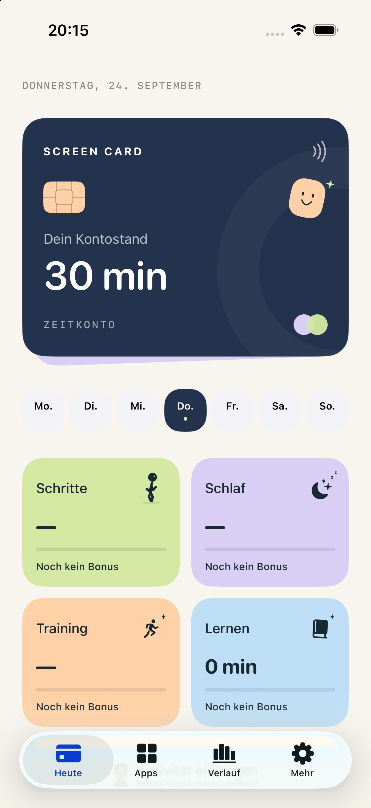 Screen Card in German: a time account with 30 minutes available and activities for steps, sleep, workouts and learning.